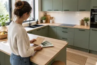 Cuisine lumineuse relookée avec façades vert sauge, poignées noires et plan de travail en bois clair, tandis qu’une personne compare des échantillons de matériaux.